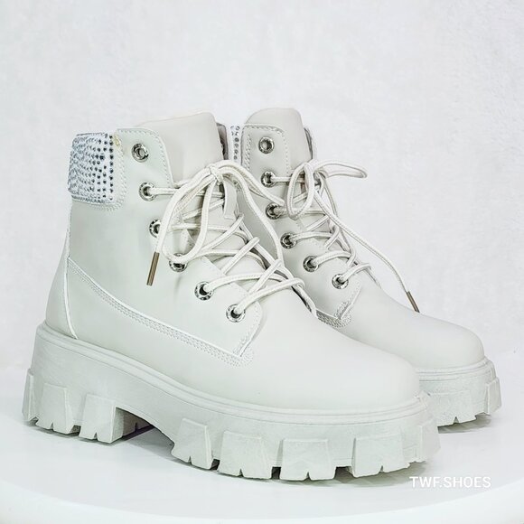 Teck Off White Combat Ankle Work Boots With Rhinestone Cuffs New - Picture 1 of 10